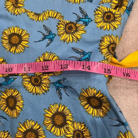 [US10]Lindy Bop Stephanie Sunflower Bird Blue Mid Dress Waist Belt V Done - Picture 12 of 13